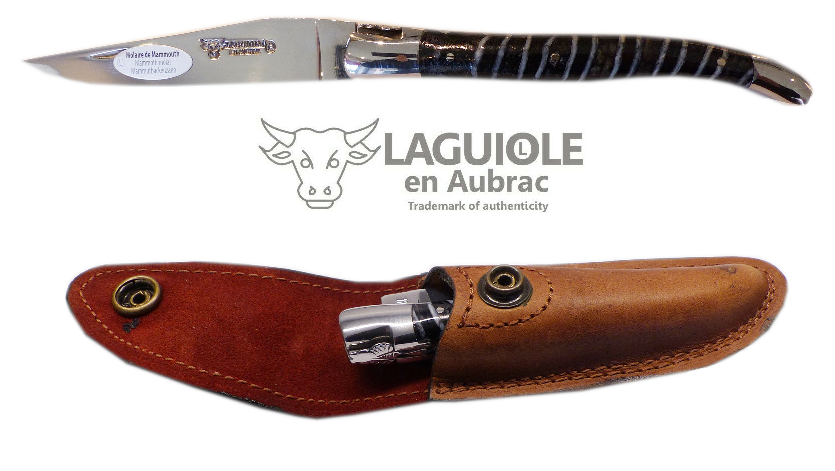 LAGUIOLE en Aubrac Original Taschenmesser Griff Mammutbackenzahn mit Gürtel Ledertasche aus Büffelleder