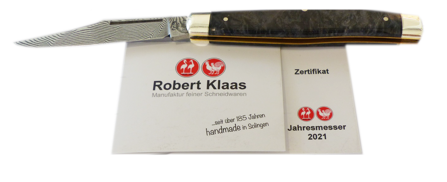 Robert Klaas Damast Taschenmesser, Jahresmesser 2021 Griffschalen Black Amboina Wurzelholz